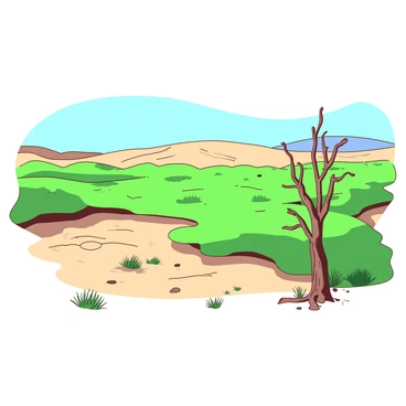 A vast grassland is depicted, showcasing vibrant patches of green grass interspersed with areas starting to fade into a sandy beige. The horizon reveals a smooth transition where the grassland gradually turns into a dry, cracked desert landscape. Scattered tufts of dried grass struggle to survive among the sandy patches. In the foreground, there is a lone, wilting tree with sparse leaves, representing the impact of drought. In the background, a clear blue sky contrasts with the emerging desert, emphasizing the stark change in terrain.