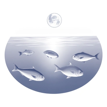 A group of fish swimming under the surface of the water. The fish are various sizes and shapes, moving gracefully in a fluid motion. Above them, the full moon is visible, casting a luminous glow that reflects on the water's surface. The reflection creates a shimmering path leading to the horizon. The water is calm, with gentle ripples created by the movements of the fish.