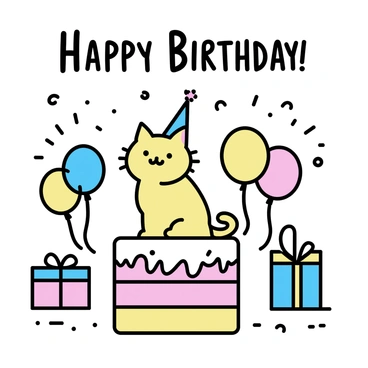 A birthday card design featuring a cat sitting atop a colorful cake, surrounded by colorful balloons and streamers. The cat, with fluffy fur and a playful expression, is wearing a small party hat. In the background, there are presents wrapped in shiny paper with bows, and confetti scattered around the scene. The words "Happy Birthday" are written in bold, cheerful letters at the top of the card.