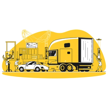 A large transport truck is parked at a dock, with its rear doors open and ready for loading. The truck has a prominent structure and is painted in yellow and white. Several cars are lined up beside the truck, each waiting to be carefully loaded onto the vehicle. Workers wearing safety vests and hard hats are actively guiding the cars onto the truck, ensuring everything is positioned securely. The dock area is bustling with activity, with cranes and shipping containers in the background, creating a busy transport scene.