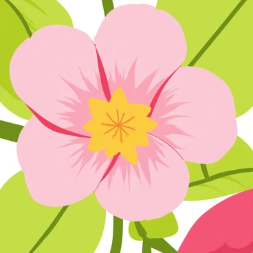 A close-up view of a delicate raspberry flower in full bloom. The flower has soft, pink petals that gently curve outward, revealing a heart of tiny yellow stamen at its center. The petals are adorned with tiny dewdrops, adding a touch of sparkle. Surrounding the flower, green leaves provide a natural contrast, while a blurred background enhances the focus on the beautiful bloom.
