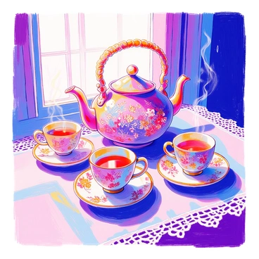A vintage purple teapot with intricate floral patterns sits prominently on a delicate lace tablecloth. Beside the teapot, there are two steaming cups, each with a matching saucer. The cups are adorned with subtle gold accents. The lace tablecloth features intricate designs that create a beautiful backdrop for the teapot and cups. Soft light filters through, highlighting the rich color of the teapot and the steam rising gently from the cups.
