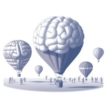 A vibrant hot air balloon festival taking place in a wide open field. Several hot air balloons are inflated and ready for flight, each balloon uniquely shaped to resemble different parts of the brain. One balloon is designed like the cerebrum, with intricate details mimicking its folds and grooves. Another balloon resembles the cerebellum, showcasing its distinct structure. In the background, spectators are gathered, looking up in awe at the balloons, while some are capturing photos. The sky is clear and expansive, accentuating the colorful display of the brain-shaped balloons against the backdrop of nature.
