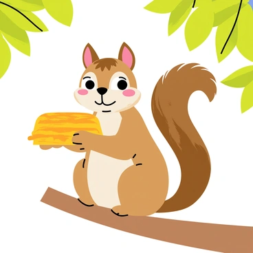 A cute squirrel with fluffy fur sitting on a tree branch. The squirrel is holding a golden piece of baklava, cradling it like a small treasure. The baklava has layers of flaky pastry and a shiny honey glaze. Bright green leaves and a blue sky create a vibrant backdrop, emphasizing the squirrel's delightful expression as it gazes at the baklava in its paws.