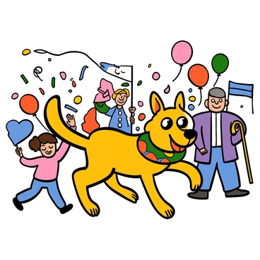 A cheerful dog participating in a neighborhood parade captured in a fun comic strip.