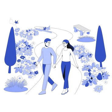 A couple walking hand-in-hand through a beautiful garden filled with blooming flowers.