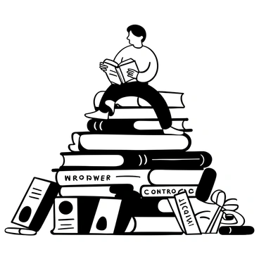 A man with short hair is sitting on top of a large hill made entirely of stacked books. The books have visible titles such as "Power" and "Control" on their spines. The hill is steep and multi-layered, with books of varying sizes. The man is positioned comfortably, with one leg crossed over the other, and he is holding a large book open in his lap. The surrounding area is filled with scattered books, creating an expansive landscape of literature.