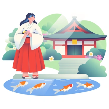 A miko wearing a traditional white kimono with a red hakama is standing at the edge of a tranquil pond. She is holding a small bowl filled with fish food, which she is gently sprinkling into the water. The koi fish, with vibrant orange and white patterns, are swimming eagerly towards the surface, creating ripples in the water. In the background, there is a beautiful wooden shrine with a curved roof, surrounded by lush greenery and colorful flowers. The scene is illuminated by soft, natural light filtering through the trees, creating a peaceful atmosphere.
