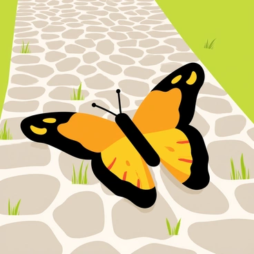 A vibrant orange and black monarch butterfly with detailed wing patterns is resting on a sun-warmed gravel path. The path is made up of smooth, rounded stones in shades of gray and brown. Soft sunlight casts gentle shadows across the gravel, highlighting the intricate textures of the stones. Small green plants and grass peeking through the gravel surround the butterfly, adding a touch of natural color to the scene.