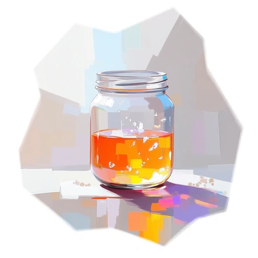 A glass jar with a tightly fitting lid is placed on a surface, visibly shrinking in size as it cools. The jar is filled with a colored liquid that accentuates the contraction, creating intriguing shapes and bubbles inside. The lid appears slightly loose as the jar diminishes, and the surrounding environment shows subtle temperature effects, such as a faint condensation forming on the outside of the glass. Soft light reflects off the jar’s surface.