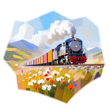 A freight train with a row of colorful cargo cars is moving along a winding track. The train is set against a backdrop of lush green hills and a clear blue sky. In the foreground, there are wildflowers in various colors, swaying gently in the breeze. The landscape features a distant mountain range, partially obscured by soft clouds. The train emits a plume of smoke as it chugs along, signifying its steady journey across the countryside.