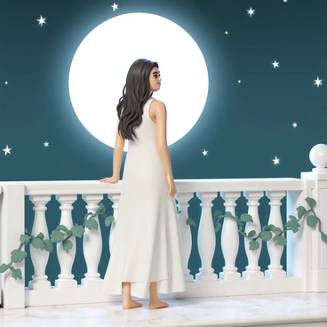 A woman named "Hera," with long wavy dark hair, is standing on a marble balcony. She is wearing a flowing white dress that gently drapes around her. The balcony is intricately designed, with ornate carvings and a railing entwined with green ivy. In the background, a large bright "moon" illuminates the night sky filled with stars. Hera is gazing intently at the moon, her expression serene, with a soft breeze gently tousling her hair and dress. The marble surface of the balcony reflects the moonlight, adding a magical touch to the scene.