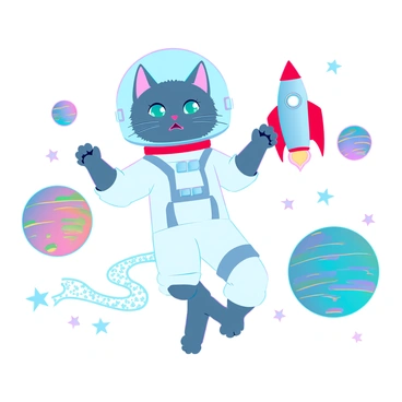 A fluffy cat with gray fur and bright green eyes, dressed in a shiny white astronaut suit. The suit features a clear helmet that encapsulates the cat's head, showcasing its curious expression. The cat is playfully floating among colorful planets and twinkling stars in the vastness of outer space. It has small, cartoonish paws extended as if swatting at a nearby floating toy rocket. A trail of sparkling stardust follows the cat, enhancing the sense of movement and playfulness in the scene.
