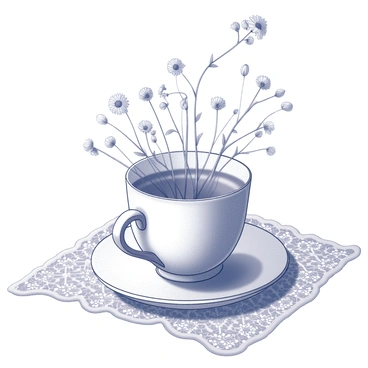 A teacup filled with small wildflowers. The cup has a delicate design with subtle curves and a handle. The wildflowers vary in shape and size, some with tiny petals and others with slender stems, creating a natural bouquet. The lace tablecloth features intricate patterns, with a soft texture that contrasts with the delicate flowers. The scene captures a quiet moment, with the teacup centrally placed, showcasing the beauty of both the cup and the wildflowers.