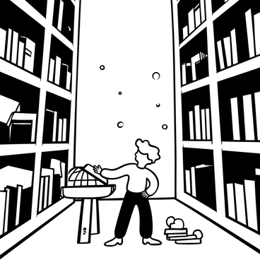 A child with tousled hair is standing in the center of a vast library, surrounded by towering bookshelves filled with ancient volumes. The shelves stretch high toward the ceiling, their wooden surfaces intricately carved. Dust motes float in the air, illuminated by the soft light filtering through large windows. The child is reaching out toward a large, open book resting on a nearby table. Scattered on the floor are several smaller books, creating a sense of discovery and adventure.