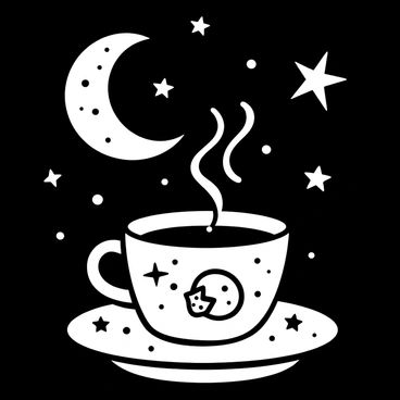A cup of tea with a moon and star motif, glowing in the dark