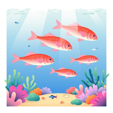 A school of redfish is swimming gracefully through a vibrant coral reef. The redfish have shimmering scales that reflect light as they move in unison. The coral reef below features a variety of colorful corals, including bright pink, orange, and purple hues. Small fish are darting in and out of the coral branches, adding to the lively scene. Sunlight filters down through the water, casting dappled patterns on the sandy ocean floor. Seaweed gently sways with the current around the coral, creating a dynamic underwater environment.