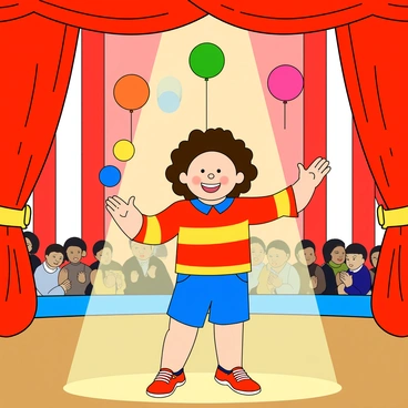 A young child with curly hair and a bright smile is juggling three colorful balls. The child is wearing a vibrant red and yellow striped shirt and blue shorts. The stage is decorated with circus-themed elements, featuring red and white striped curtains in the background. Colorful balloons in various shapes float above the stage, and a spotlight shines down on the child. The audience can be seen in the distance, clapping and cheering, adding to the lively atmosphere of the circus.