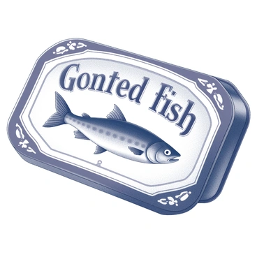 A tinned fish label featuring intricate ornate lettering prominently displays the brand name. The label has a decorative border that includes floral and geometric motifs. An illustrated fish, detailed with scales and fins, is positioned centrally on the label. The fish is depicted in an elegant pose, showcasing its features. The overall composition exudes a sense of vintage craftsmanship and attention to detail.
