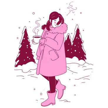 A pink girl wearing a stylish winter coat with a fur-lined hood and matching pink boots is standing in a snowy landscape. She is holding a white cup filled with hot cocoa, with steam rising gently from the surface. Around her, snowflakes are falling softly, covering the ground in a thick blanket of white. In the background, there are tall evergreen trees dusted with snow, creating a picturesque winter scene. The girl's joyful expression highlights her enjoyment of the moment.