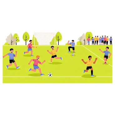 A vibrant community field filled with children playing soccer. There are several kids in colorful jerseys, displaying enthusiasm as they run across the green grass. One child is kicking a soccer ball towards the goal, while others are cheering and clapping their hands in support. In the background, trees line the edge of the field, and a small group of parents is watching from the sidelines, smiling and encouraging the kids. The atmosphere is lively and filled with joy as the children actively participate in the friendly match.