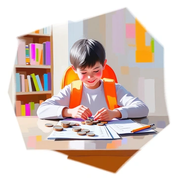 A student with dark hair and wearing a brightly colored backpack is sitting at a wooden table, smiling as they carefully count their saved allowance. The table is scattered with coins and a few crumpled dollar bills. A school supply list and a pencil are placed next to them, indicating their plans for shopping. The background features a cozy room with a bookshelf filled with books and a colorful poster on the wall. The student's expression reflects excitement and anticipation for their upcoming school supplies shopping.