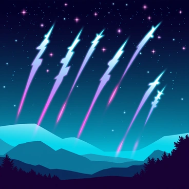A vibrant meteor shower illuminating the night sky with numerous bright streaks of light, each trailing behind like fiery tails. The meteors vary in size, some large and brilliant, others smaller and flickering. A dark, star-filled background enhances the dramatic effect, showcasing a rich expanse of deep blues and blacks. The landscape below is silhouetted against the glow, with mountains or trees providing a stark contrast to the celestial display above. The scene captures the awe-inspiring beauty of nature's cosmic event.