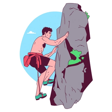A climber with a focused expression is scaling a rugged cliff face. The climber is wearing a bright red climbing harness and teal climbing shoes, gripping onto the rough, gray rocks. The cliff is steep, with jagged edges and patches of moss growing in the crevices. In the background, a clear blue sky can be seen, contrasting with the rocky terrain. The climber’s muscles are tensed as they pull themselves upward, showcasing their determination and strength.
