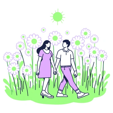 A couple is walking through a field filled with tall daisies. They are holding hands and looking at each other with smiles. The woman has long hair flowing in the breeze and is wearing a light dress. The man is wearing a casual shirt and jeans. The daisies have large white petals and yellow centers, creating a vibrant scene all around them. The couple's feet can be seen stepping lightly over the green stems, with the sun shining above, illuminating the field.