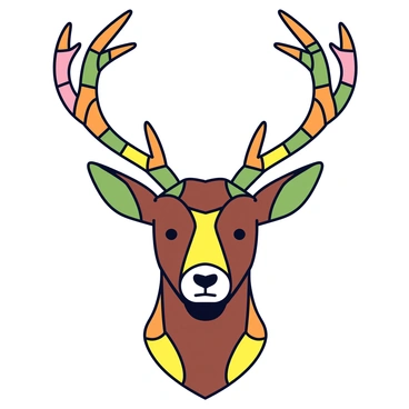 A deer's head featuring intricate designs reminiscent of stained glass. The head is composed of various geometric shapes in shades of brown, green, and amber, giving it a vibrant appearance. The antlers are elegantly curved and embellished with small, colorful segments that mimic glass pieces. The background is a soft, muted color to enhance the vividness of the deer's head.
