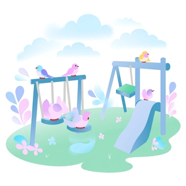 A colorful playground filled with various play equipment, including vibrant swings and slides. Multiple small birds in different colors are perched on the swings, with some flying around the slides. The ground is covered with soft green grass, and there are a few flowers blooming nearby, adding to the cheerful atmosphere. A bright blue sky is visible above, dotted with fluffy white clouds.