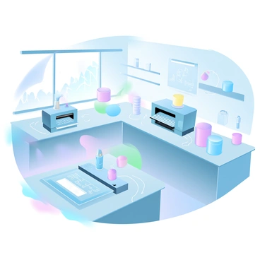 A laboratory filled with experimental printing devices and gadgets