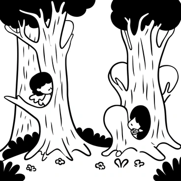 Two cherubs with delicate wings are hiding behind large, thick tree trunks in an enchanted forest. One cherub peeks out from behind a tree, while the other is partially hidden, giggling softly. Tall trees with twisting branches and lush foliage create a canopy overhead, allowing dappled light to filter through. Gentle rays of light illuminate patches of soft moss on the forest floor, where flowers bloom sporadically. In the background, more trees rise up, enhancing the sense of depth in the magical environment.