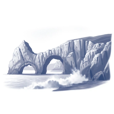 A rugged coastline features natural rock arches and bridges that have been sculpted by the relentless action of sea currents. The rock formations exhibit intricate textures and patterns, with jagged edges and smooth surfaces that contrast against one another. The sea below is in motion, with waves crashing against the rocks, creating splashes of water that rise towards the arches. The sky above is vast, while the surrounding landscape showcases cliffs and rocky outcroppings, emphasizing the natural beauty of the environment.