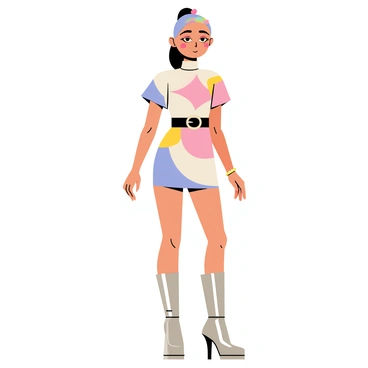 A fashion model stands confidently, showcasing a unique outfit that blends elements of the 1960s and futuristic design. The model wears a fitted, pastel-colored dress with bold geometric patterns reminiscent of the 1960s. The dress features a high neckline and flared sleeves, creating a striking silhouette. Accentuating the outfit are metallic accessories, including a pair of shiny, silver platform boots and a wide belt with a large buckle. The model's hairstyle is a sleek, high ponytail with an iridescent hairpiece that catches the light. Vibrant, colorful makeup adorns the model's face, emphasizing the eyes with dramatic eyeliner and shimmering eyeshadow. The background is minimal, allowing the focus to remain on the model and the innovative fashion design.