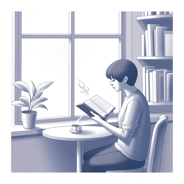 A person sitting at a small wooden table beside a large window in a cozy cafe. The individual has a focused expression, deeply engrossed in reading a book held in both hands. The window features intricate framing, allowing soft light to filter through. A steaming cup is placed on the table next to the person, with wisps of steam rising into the air. The background shows shelves filled with books and a few potted plants, contributing to the inviting atmosphere. The person is dressed in casual attire, absorbed in the pages of the book.