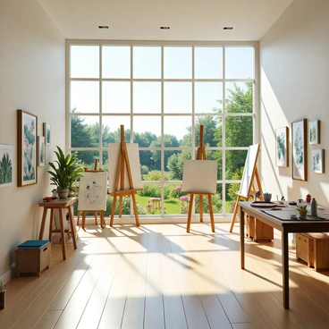 A peaceful art studio situated in the countryside with large floor-to-ceiling windows. The studio features light wooden floors and white walls adorned with various paintings and sketches. Sunlight streams in through the windows, illuminating the space. In front of the windows, there are several easels with canvases, and scattered art supplies such as brushes and paint tubes on a wooden table. Outside the windows, a lush garden is visible, filled with vibrant flowers and greenery, creating a serene and inspiring view.