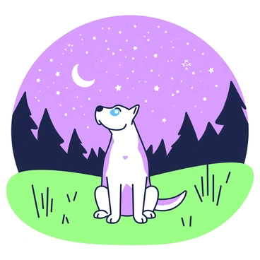 A husky is sitting in the center of a quiet field, gazing up at the starry night sky. The dog has thick fur with distinct markings and bright blue eyes. The field is dotted with tall grass swaying gently in the breeze. Above, the night sky is filled with countless stars, creating a sparkling canopy. A crescent moon is visible, casting a soft light on the husky, highlighting its features. In the distance, silhouettes of trees frame the scene, adding depth to the tranquil atmosphere.