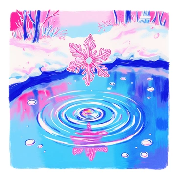 A snowflake is gently descending through the air towards a still pond. The snowflake is intricately designed with delicate crystalline patterns. As it makes contact with the surface of the pond, it creates a small, expanding ripple effect that disturbs the smooth reflection of the surroundings. The water is clear and mirrors the pale blue sky above. Small circles radiate outward from the point of contact, creating a serene and tranquil scene.
