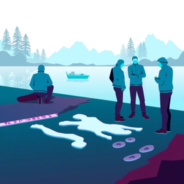 A dark, foggy lakeshore with mist rolling over the still water. Several investigators in sleek, modern gear are gathered around a marked area where evidence has been placed. There is a white outline of a body on the ground, partially obscured by fog. Two investigators are examining footprints leading away from the scene. In the background, silhouettes of trees emerge from the mist, and a distant boat is partially visible in the water. Crime scene tape is flapping in the gentle breeze, adding a sense of urgency to the investigation.