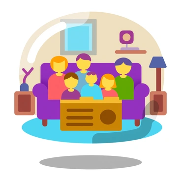 A family sitting together on a sofa in a 1960s living room, gathered around a vintage television set with a wood finish, smiling and enjoying a show, with patterned wallpaper and retro furnishings in the background.