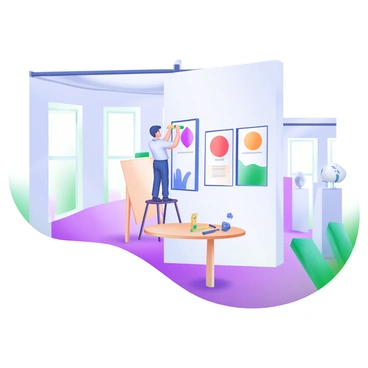 A bright exhibition space with white walls and large windows letting in natural light. A gallery curator is standing on a small step stool, carefully hanging new illustrations on the wall. The illustrations are colorful and feature various abstract designs. Below the curator, a small table is arranged with tools like a hammer, tape measure, and a level. Nearby, a few older works lean against the wall, waiting to be replaced. The floor is polished wood, and in the background, art pieces are displayed on pedestals.