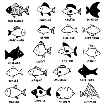 A collection of various hand-drawn fish species arranged in a neat grid format, each with distinct shapes and details. Each fish is displayed in profile, showcasing their unique fins, scales, and body structures. Labels are placed below each fish, written in clear, bold text, identifying the species. The fish illustrations vary in size and posture, with some swimming upward and others positioned horizontally. The background remains simple to focus on the detailed depictions of the fish and their informative labels.