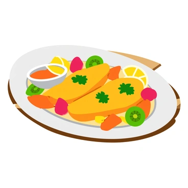 A seafood platter featuring three golden mahi-mahi fillets arranged neatly on a large white oval plate. The fillets are garnished with fresh parsley and lemon wedges. Surrounding the fish are vibrant tropical fruits, including slices of bright orange mango, deep red pineapple chunks, and green kiwi rounds. A small bowl of tangy dipping sauce is placed on the side, adding a burst of color to the arrangement. The platter is presented on a rustic wooden table, enhancing the fresh and tropical feel of the dish.