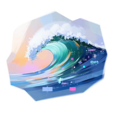 An ocean wave composed entirely of various digital information symbols, such as binary code, circuit patterns, and pixelated graphics. The wave is cresting, with symbols cascading and merging into one another, creating a sense of movement and flow. The colors of the symbols range from bright blues and greens to deep blacks and silvers, reflecting the dynamic nature of the digital world. The background is a smooth gradient that enhances the vibrancy of the wave, while the symbols appear to shimmer and glow, emphasizing their digital essence.
