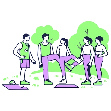 A bootcamp instructor stands at the front of a group in a park, demonstrating heel taps. The instructor, dressed in athletic wear, has a whistle around their neck and is facing the participants. The group consists of five individuals, all engaged in the exercise, raising one foot to tap their heel against the opposite knee. In the background, there are trees with green leaves, and soft grass underfoot. A few scattered fitness mats can be seen on the ground, and a water bottle rests nearby, indicating an active training session.