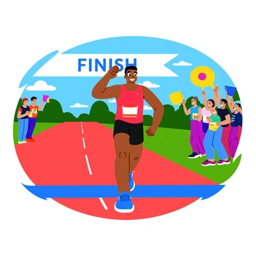 A determined runner crossing the finish line with arms raised in victory. The runner is wearing a bright red tank top and black shorts. Sweat glistens on their forehead, showcasing their effort. The finish line is marked with a large banner that reads "FINISH". Spectators in the background are cheering enthusiastically, waving colorful flags and holding up signs. The sun is shining brightly, casting vibrant shadows on the track.