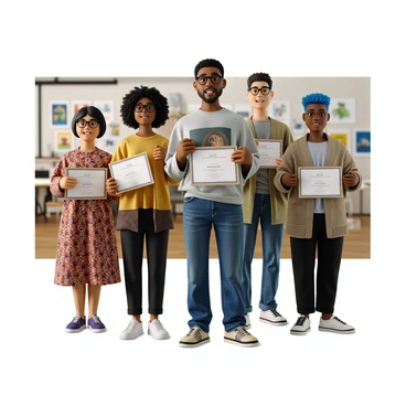 A diverse group of artists proudly displaying their digital illustration certificates together.