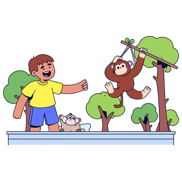 A young child named Lou is standing at the edge of a zoo enclosure, wearing a bright yellow t-shirt and blue shorts. Lou has short brown hair and a wide smile on their face. Lou is pointing excitedly at a playful monkey that is swinging from a branch, showcasing its agility. The monkey has a brown fur coat and large expressive eyes, appearing curious as it plays. In the background, there are green trees and other animals visible in their enclosures, adding to the lively atmosphere of the zoo.