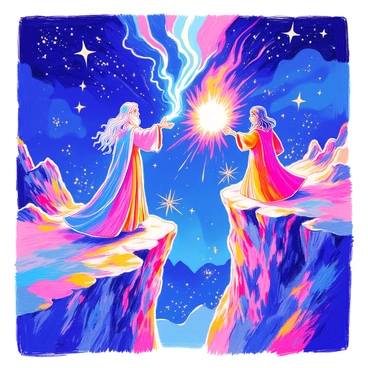 Two powerful wizards are standing on opposite sides of a rocky cliff under a starlit sky. The first wizard, with a long white beard and a flowing blue robe, raises his hands, channeling energy that creates vibrant arcs of lightning. The second wizard, with dark hair and a red cloak, counters with a fireball that illuminates the scene with a warm glow. Sparks and magical energies swirl around them, creating an intense atmosphere. The surrounding landscape is rugged and dark, contrasting with the brilliant colors of their spells. In the background, the night sky is filled with stars, adding to the drama of their duel.